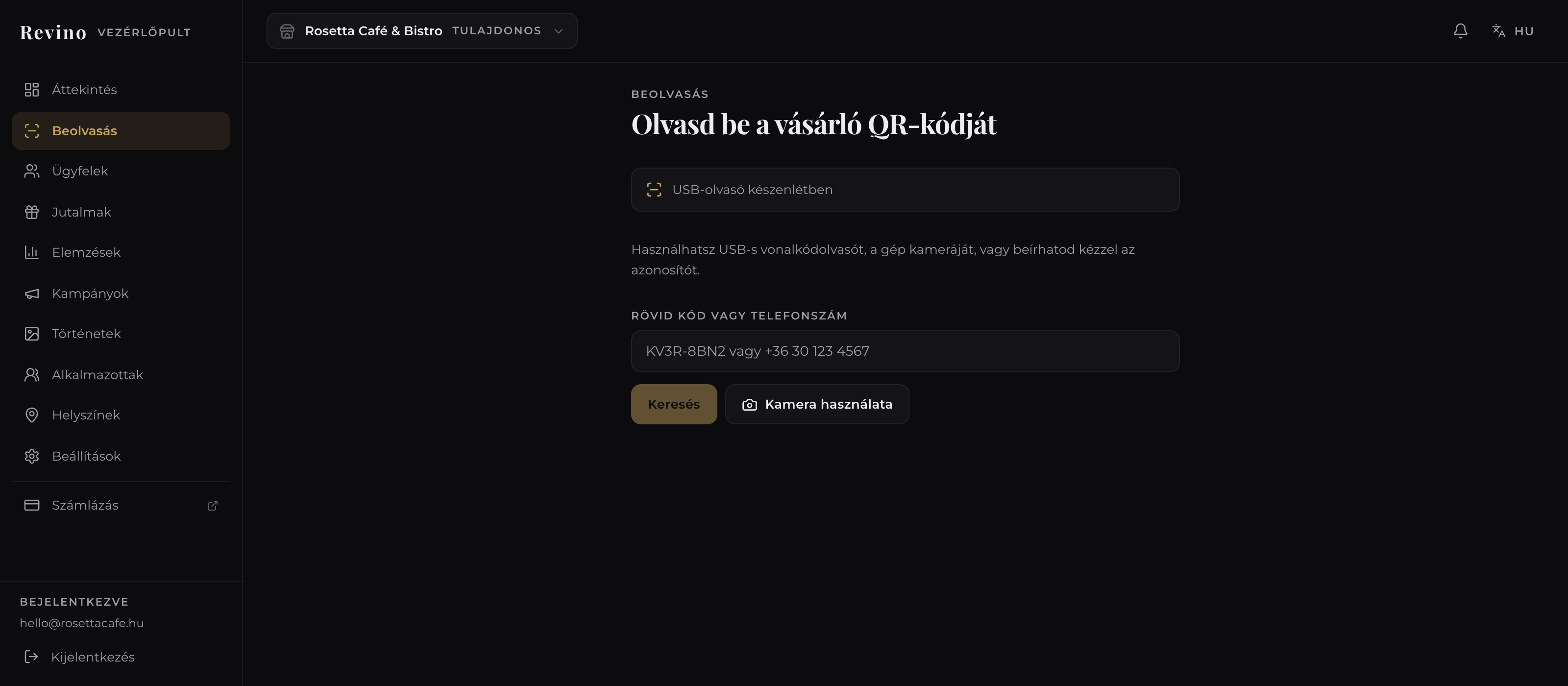 A Revino vezérlőpult beolvasó képernyője laptopon, USB-s vonalkódolvasóra készen